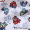 Cute Construction Trucks Print on 100% White Cotton Knit Fabric