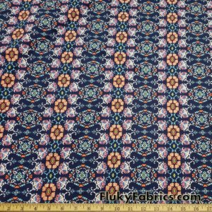 Abstract Flower Medallions on Navy Poly Spandex at FlukyFabrics.com
