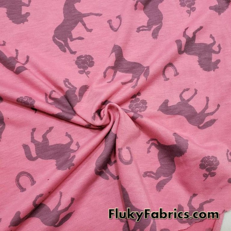 Horses and Roses Print on Pink Cotton Jersey Fabric