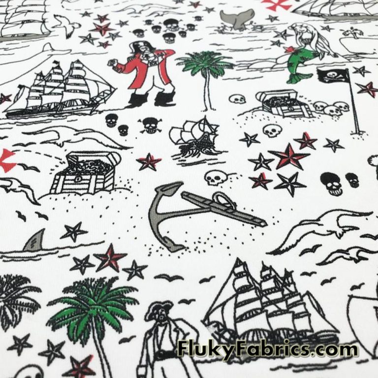 Pirates, Sirens, Whales and Ships Treasure Map Print Single Spandex Swimwear Fabric