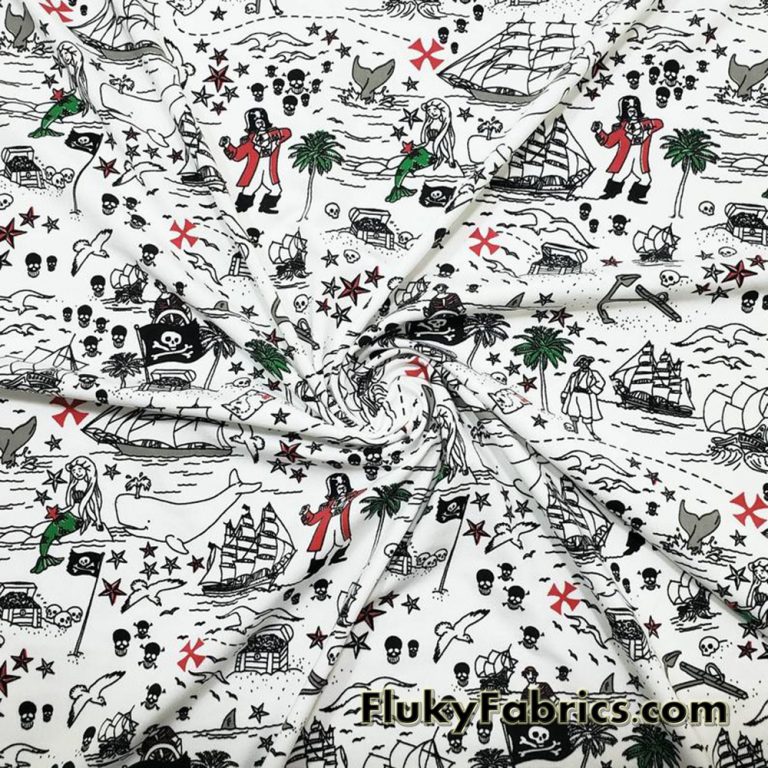 Pirates, Sirens, Whales and Ships Treasure Map Print Single Spandex Swimwear Fabric
