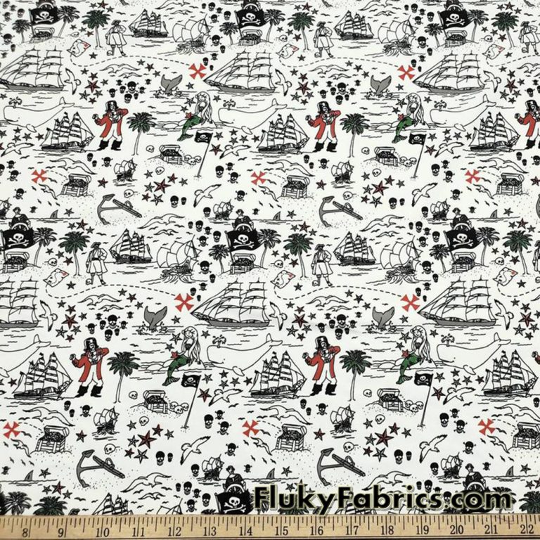 Pirates, Sirens, Whales and Ships Treasure Map Print Single Spandex Swimwear Fabric