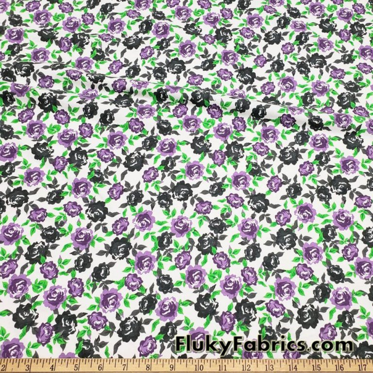 Purple and Charcoal Roses Print on White Cotton Jersey Fabric