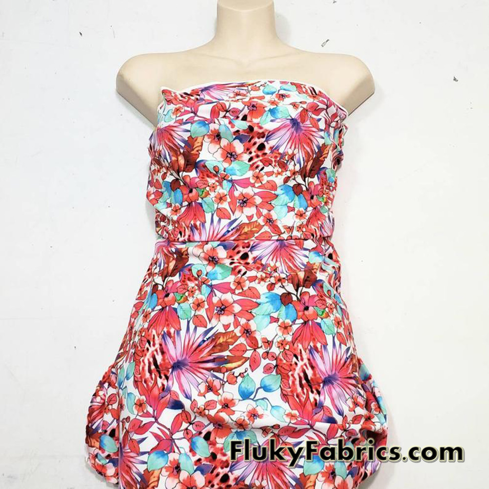 Colorful Paradise Flowers Over a White Background Nylon Spandex Fabric