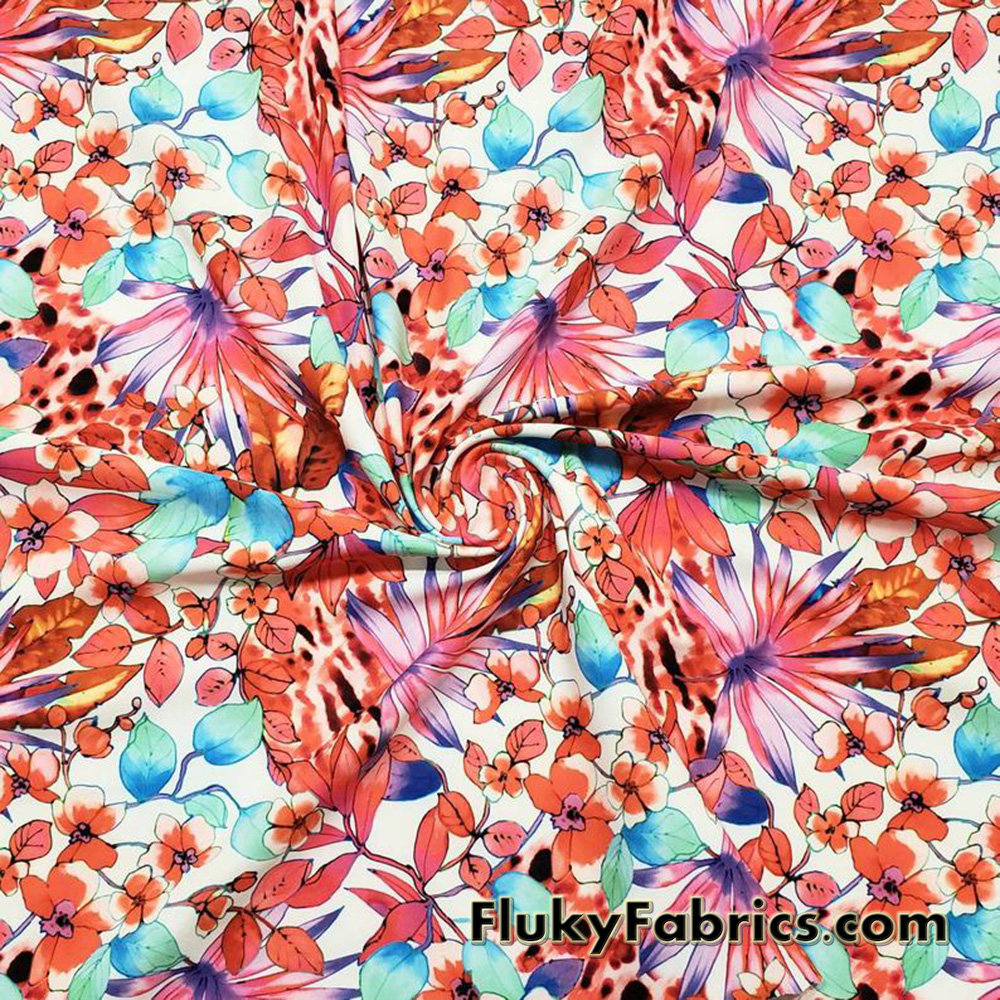 Colorful Paradise Flowers Over a White Background Nylon Spandex Fabric