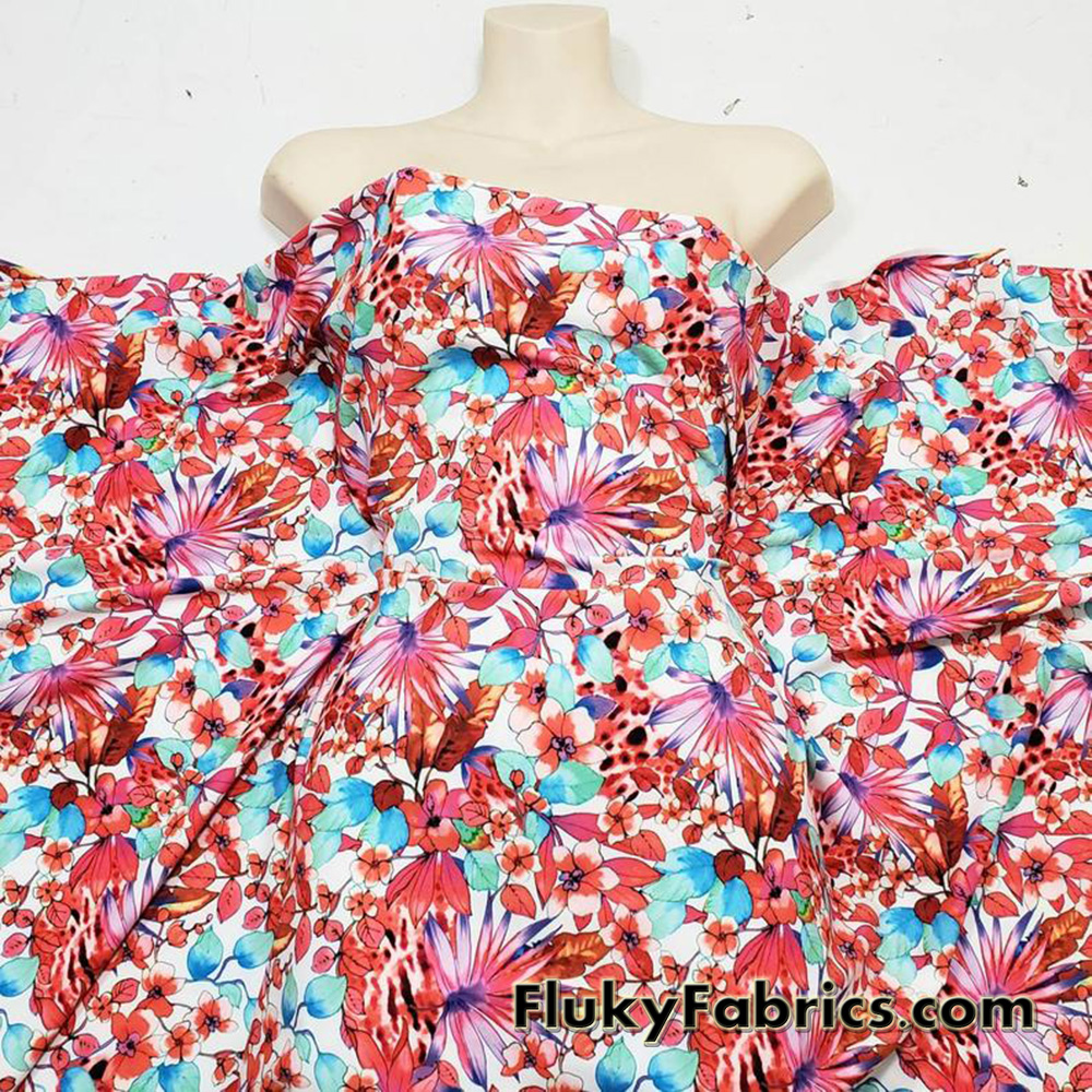 Colorful Paradise Flowers Over a White Background Nylon Spandex Fabric