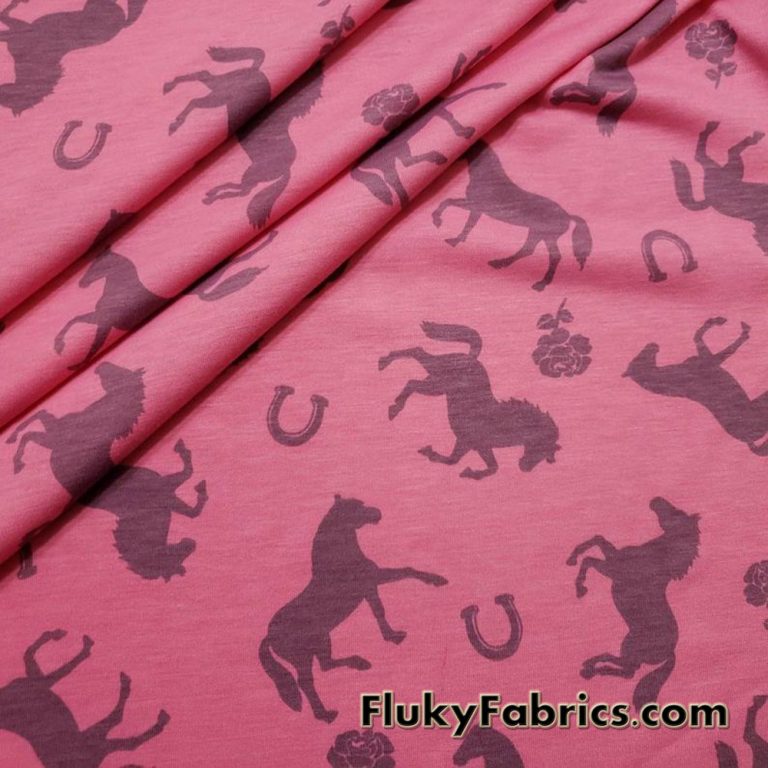 Horses and Roses Print on Pink Cotton Jersey Fabric
