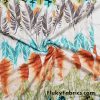 Colorful Feathers and Leaves Sketches on White Cotton Jersey Fabric