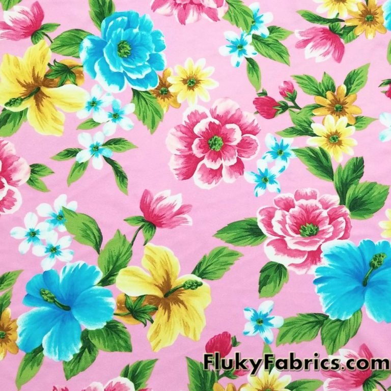 Spring Flower Mix on Pink Quality Swimsuit Nylon Spandex Fabric