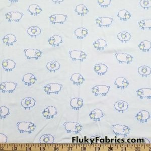 Sheeps on Baby Blue Bamboo Jersey Spandex Fabric at FlukyFabrics.com