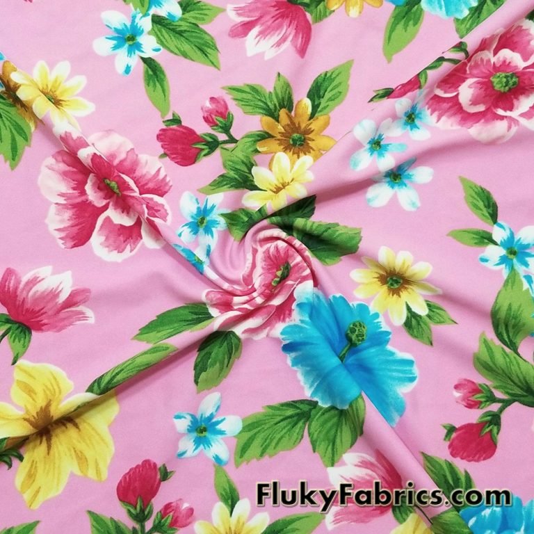 Spring Flower Mix on Pink Quality Swimsuit Nylon Spandex Fabric