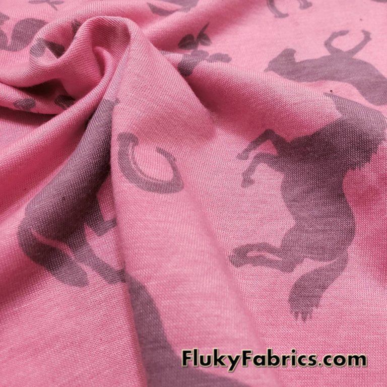 Horses and Roses Print on Pink Cotton Jersey Fabric