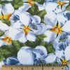 Big White Blueish Flowers and Leaves Print Cotton Spandex Fabric at FlukyFabrics.com