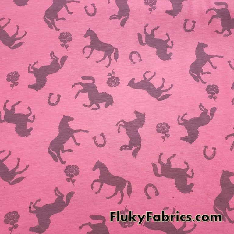 Horses and Roses Print on Pink Cotton Jersey Fabric