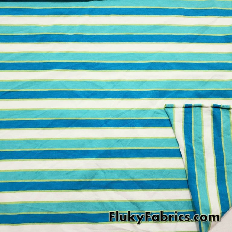 Aqua, Turquoise, Lime and White Yarn Dyed Stripe Cotton Jersey Spandex
