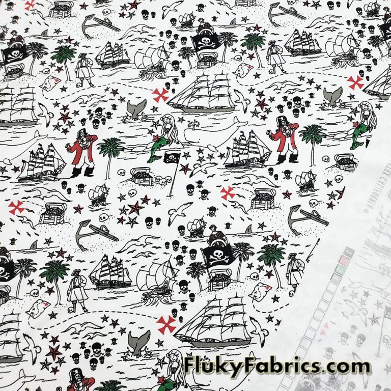 Pirates, Sirens, Whales and Ships Treasure Map Print Single Spandex Swimwear Fabric