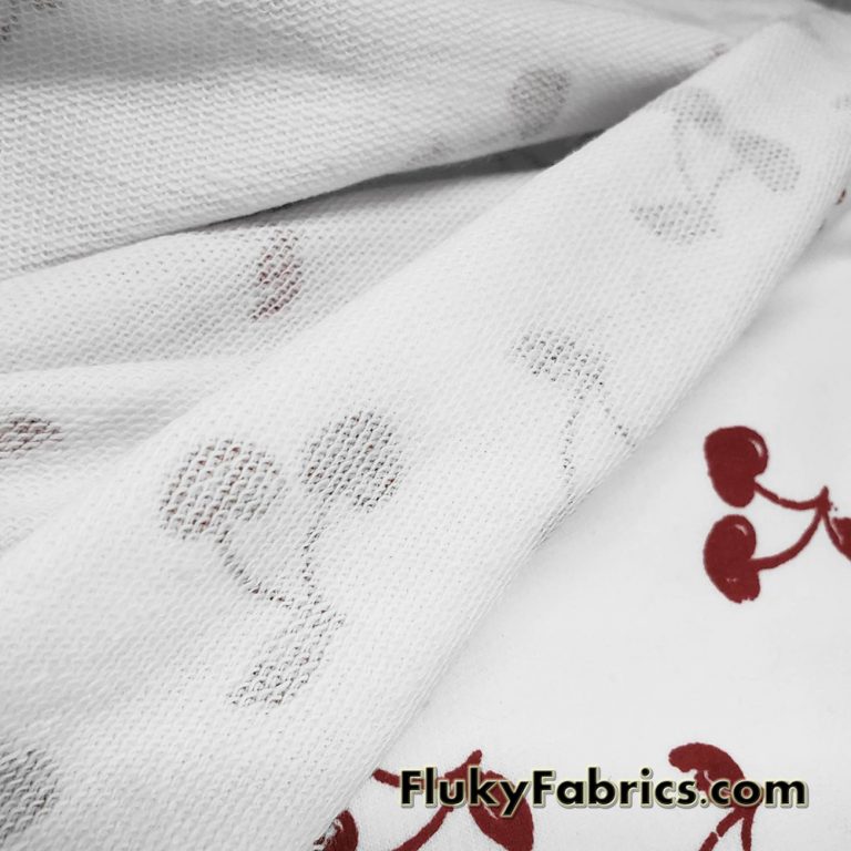 French Terry 100% Cotton Fabric with Distressed Dark Red Cherries Print on White