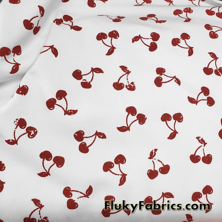 French Terry 100% Cotton Fabric with Distressed Dark Red Cherries Print on White