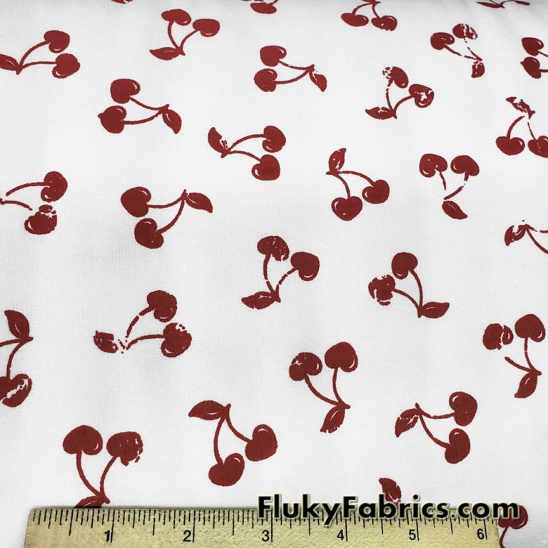 French Terry 100% Cotton Fabric with Distressed Dark Red Cherries Print on White