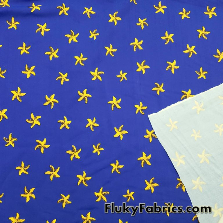 Yellow Starfish on Royal Blue Background Nylon Spandex Fabric