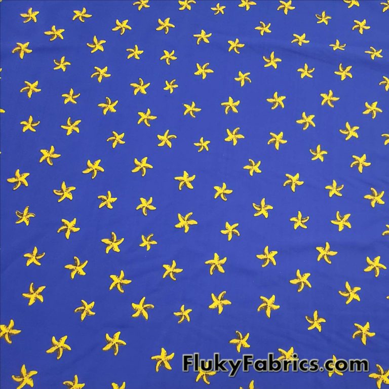 Yellow Starfish on Royal Blue Background Nylon Spandex Fabric