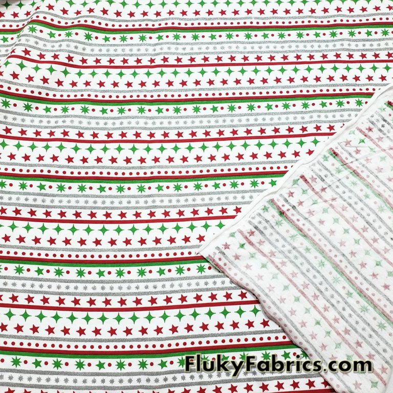 Festive Christmas Stripes with Silver Lurex Cotton Jersey Knit Fabric