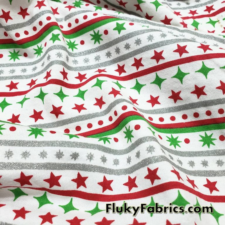 Festive Christmas Stripes with Silver Lurex Cotton Jersey Knit Fabric