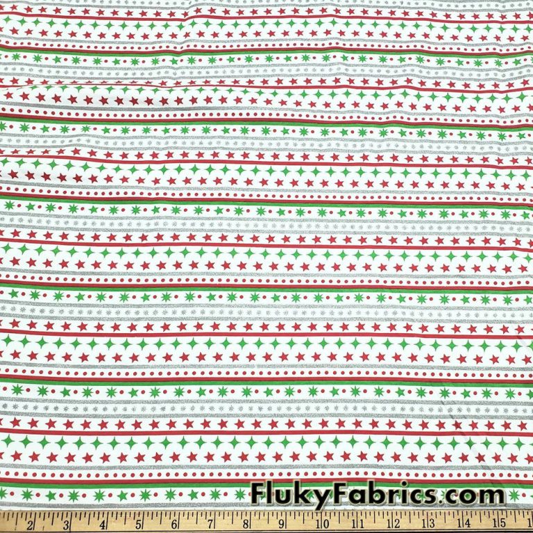 Festive Christmas Stripes with Silver Lurex Cotton Jersey Knit Fabric