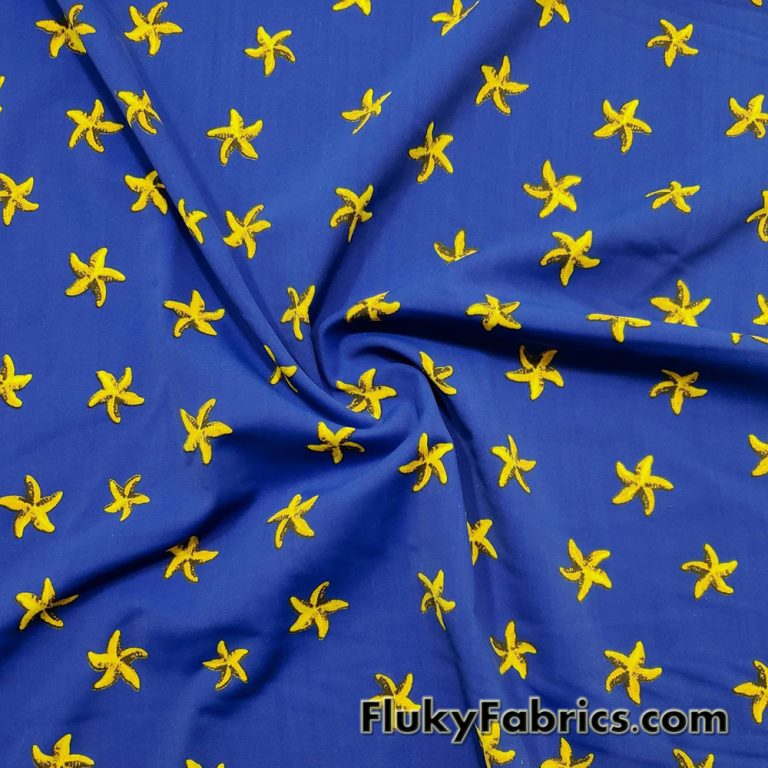 Yellow Starfish on Royal Blue Background Nylon Spandex Fabric