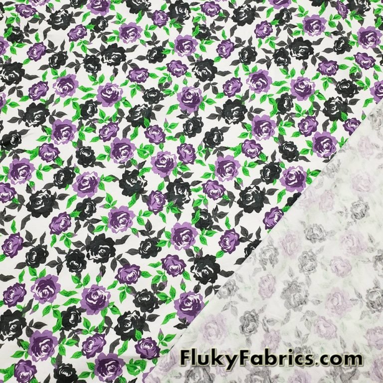 Purple and Charcoal Roses Print on White Cotton Jersey Fabric