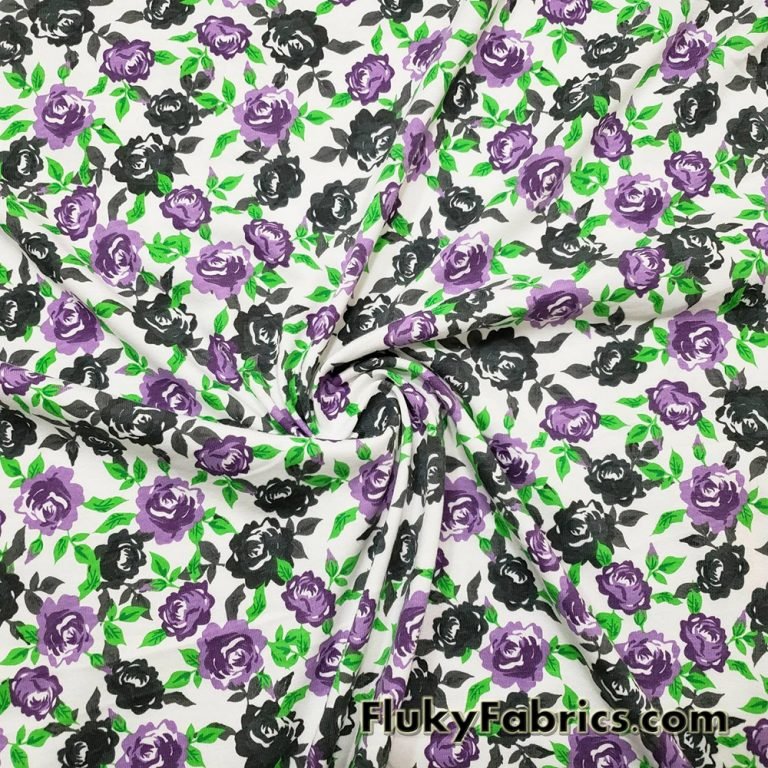 Purple and Charcoal Roses Print on White Cotton Jersey Fabric