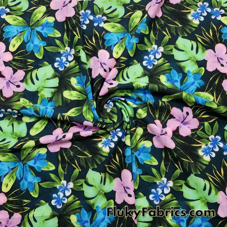 Hawaiian Multicolor Foliage and Tropical Flowers Nylon Spandex Fabric