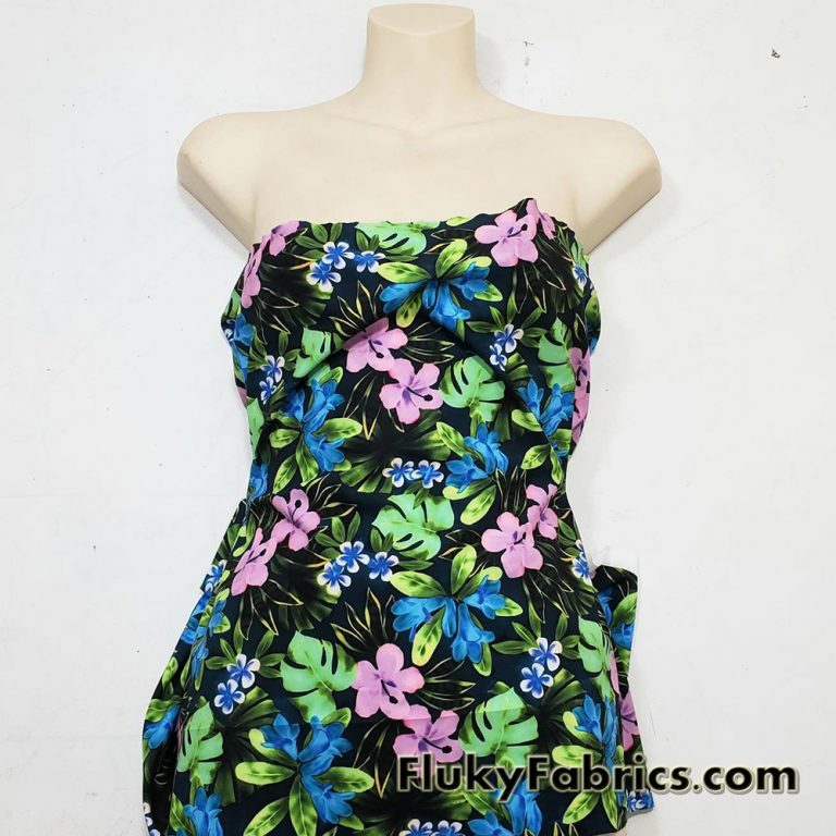 Hawaiian Multicolor Foliage and Tropical Flowers Nylon Spandex Fabric