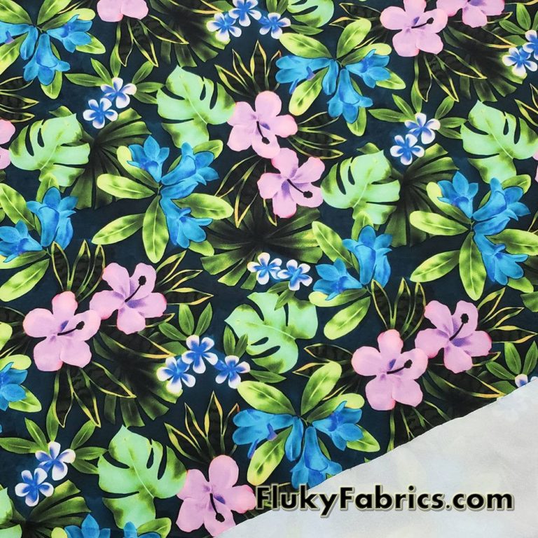 Hawaiian Multicolor Foliage and Tropical Flowers Nylon Spandex Fabric