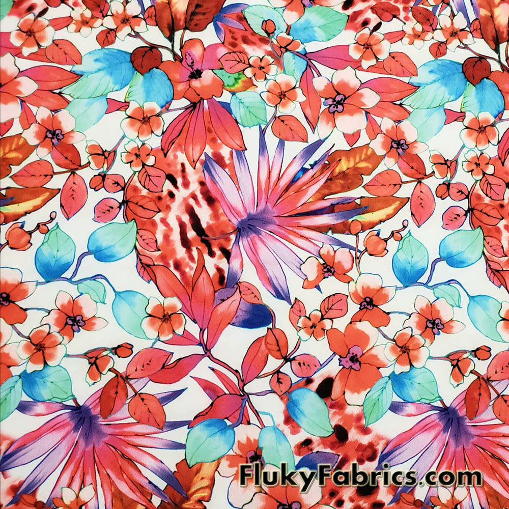 Colorful Paradise Flowers Over a White Background Nylon Spandex Fabric