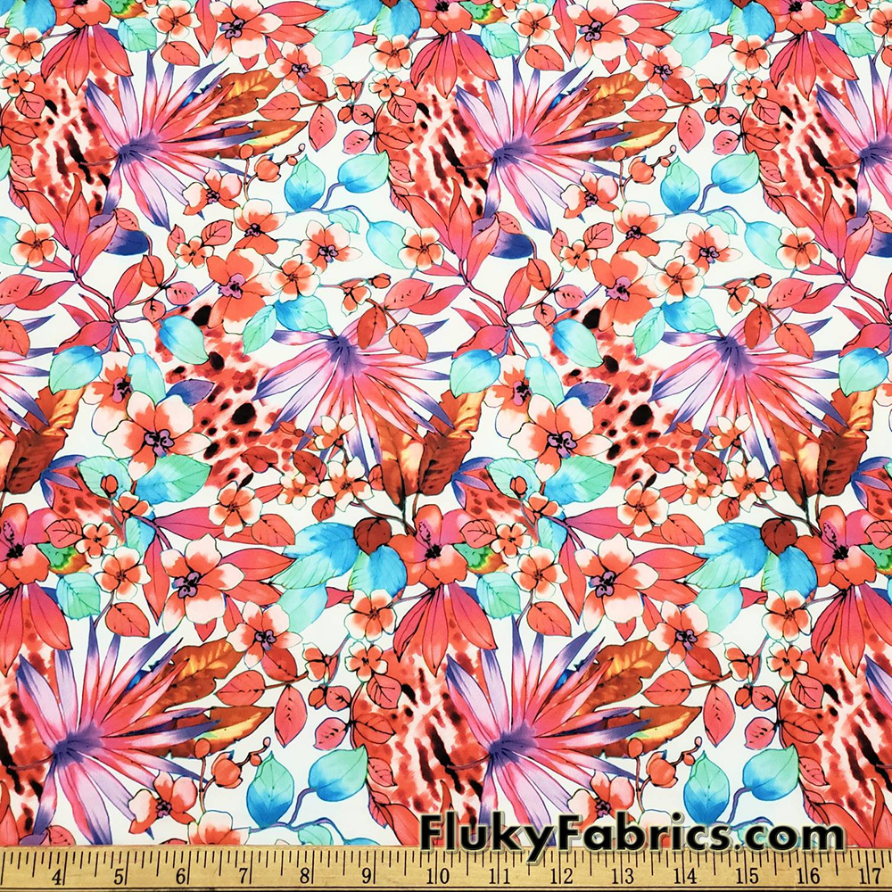 Colorful Paradise Flowers Over a White Background Nylon Spandex Fabric