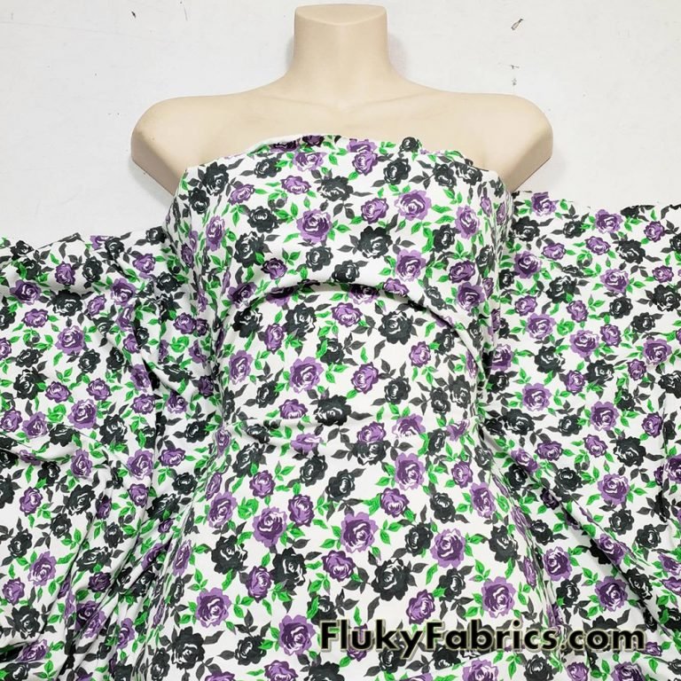 Purple and Charcoal Roses Print on White Cotton Jersey Fabric