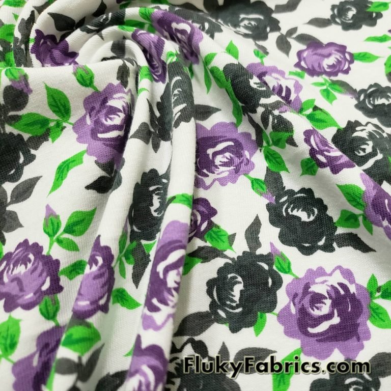 Purple and Charcoal Roses Print on White Cotton Jersey Fabric