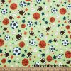 Sports Balls and Stars on Green Cotton Rib Fabric at FlukyFabrics.com