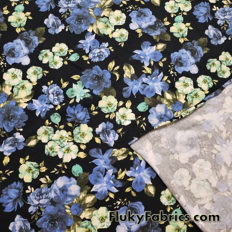 Blue and Mint Flowers Print Lightweight Cotton Spandex Fabric