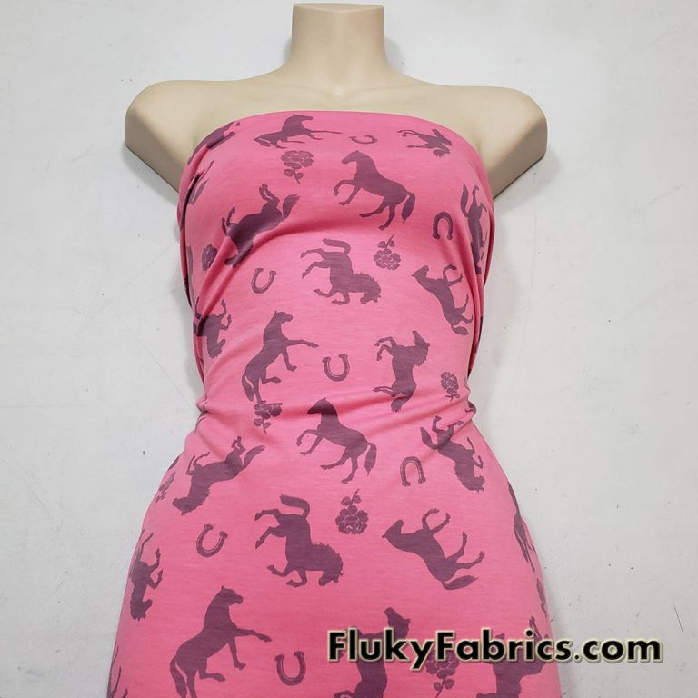 Horses and Roses Print on Pink Cotton Jersey Fabric