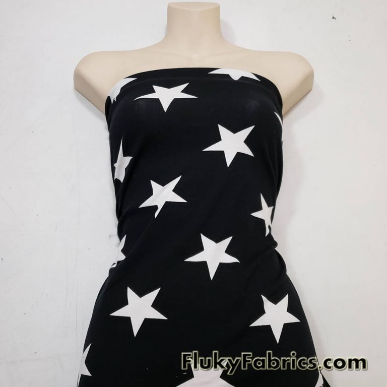 White Stars on Black Cotton Lycra Fabric ONLY 1 YARD CUTS