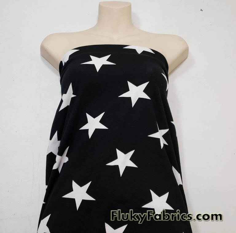 White Stars on Black Cotton Lycra Fabric ONLY 1 YARD CUTS