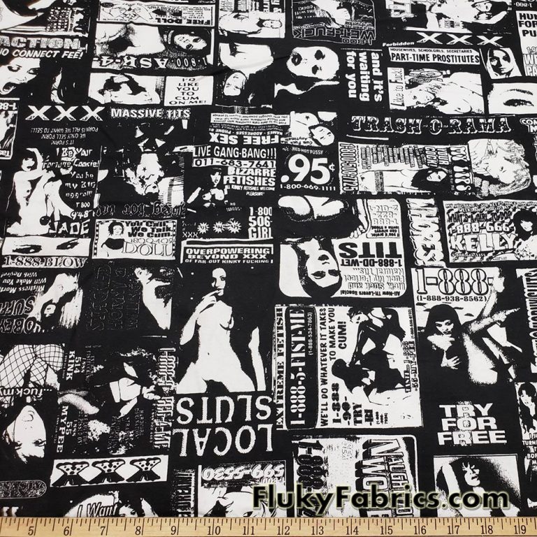 EXPLICIT Black and White XXX Adult Services Classified Ads Print Cotton Lycra Fabric