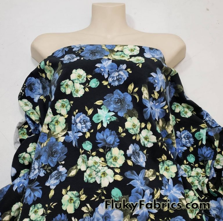 Blue and Mint Flowers Print Lightweight Cotton Spandex Fabric