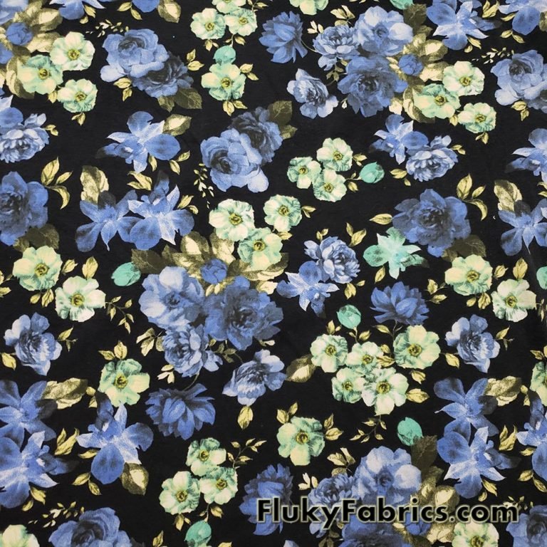 Blue and Mint Flowers Print Lightweight Cotton Spandex Fabric