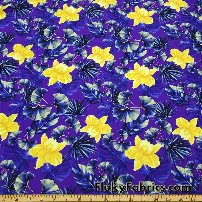 Yellow Orchids and Foliage Print on Purple UV/Blacklight Reactive Swimsuit Nylon Spandex Fabric