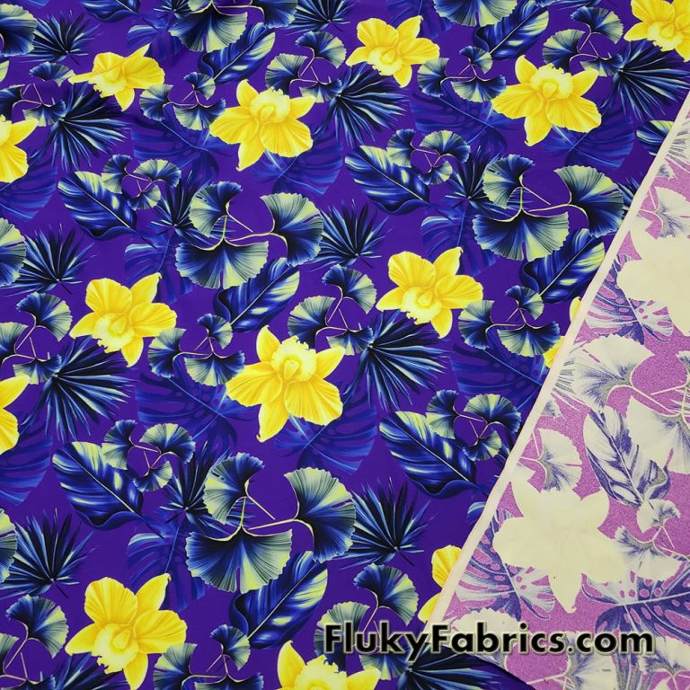 Yellow Orchids and Foliage Print on Purple UV/Blacklight Reactive Swimsuit Nylon Spandex Fabric