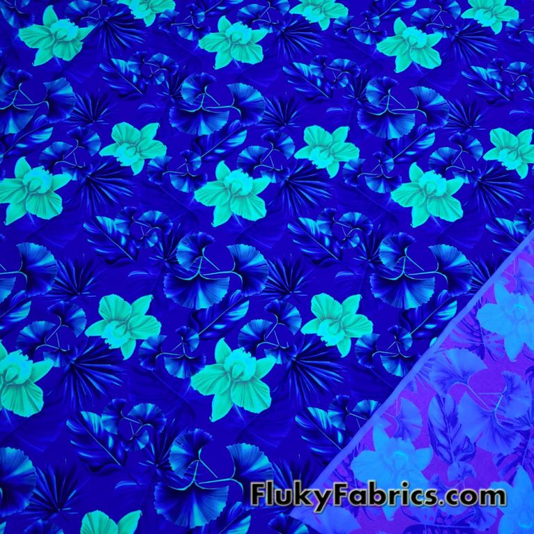 Yellow Orchids and Foliage Print on Purple UV/Blacklight Reactive Swimsuit Nylon Spandex Fabric