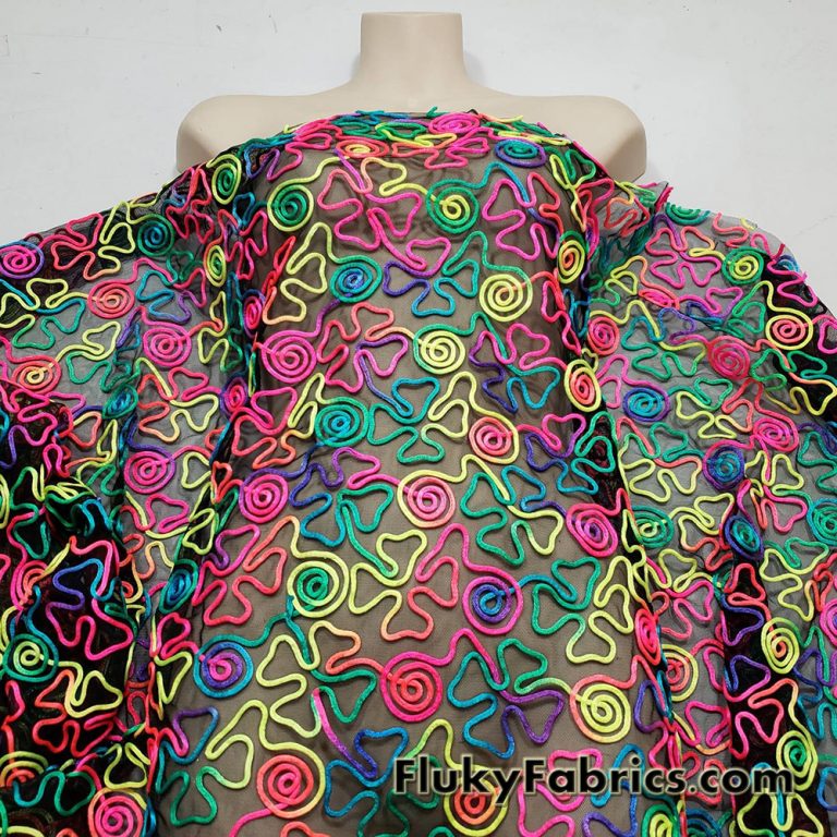 Colorful Neon 3D Clover Doodles on Mesh Poly Spandex Fabric
